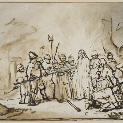 レンブラント《キリスト捕縛》の素描。兵士に囲まれるキリストと剣を構えるペトロを、褐色インクの太い線で一気に捉える