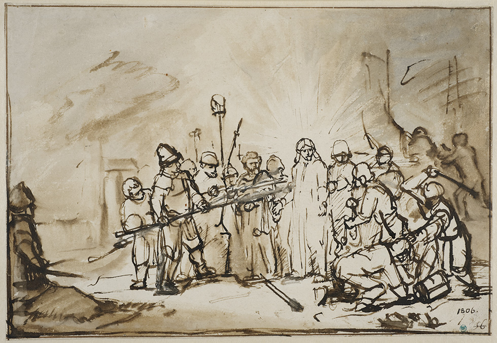 レンブラント《キリスト捕縛》の素描。兵士に囲まれるキリストと剣を構えるペトロを、褐色インクの太い線で一気に捉える